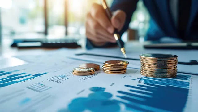 Mynter i forgrunn og mann ser på papirer med grafer